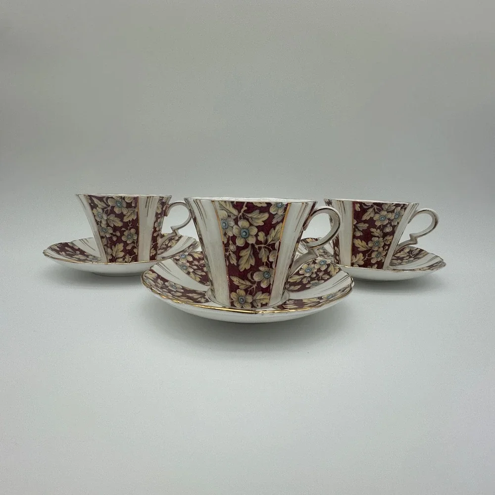 Royal Albert Brocade Art Deco Panel Shape Teacups and Saucers Set of 3 Burgundy